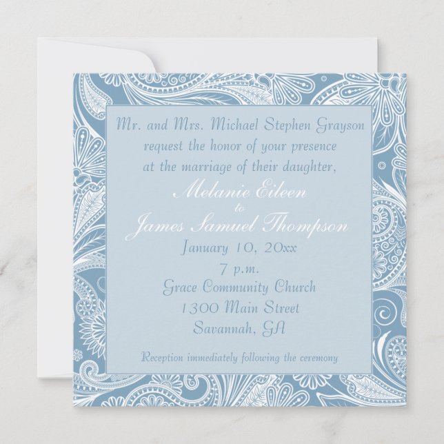 Invitación Boda de paisley blanca suave y azul (Anverso)