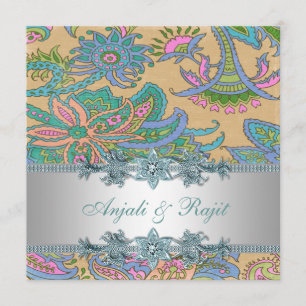 Invitación Boda de paisley dorado y azul teal