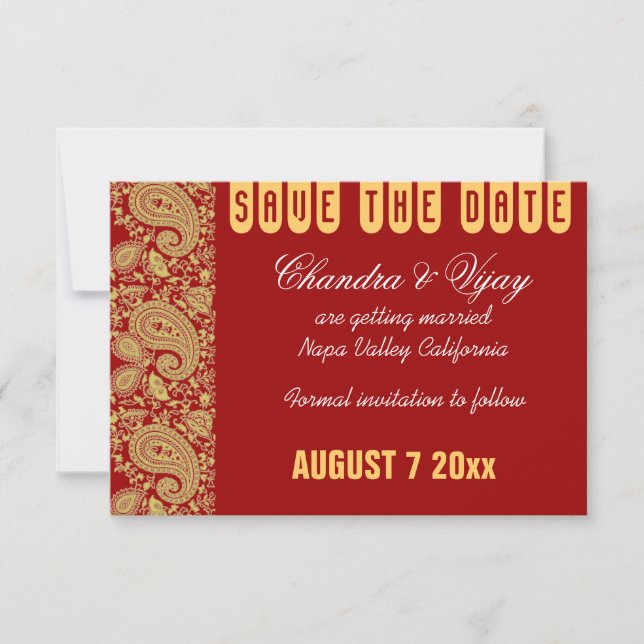 Invitación Boda de paisley rojo y dorado Save the date (Anverso)