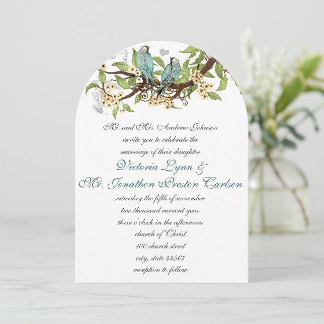 Invitación Boda de pájaro azul y amarillo Aqua verde azulado (Anverso de pie)