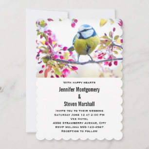 Invitación Boda de pájaro azul y amarillo bonito en una rama