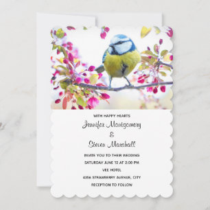 Invitación Boda de pájaro azul y amarillo bonito en una rama