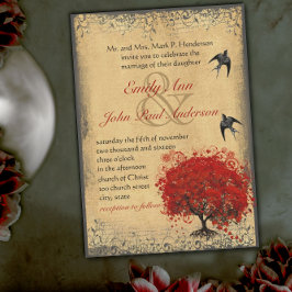 Invitación Boda de pájaro de amor de árbol rojo de hoja de co