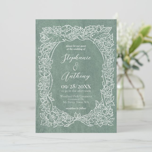Invitación Boda de pájaro de flor salvaje verde claro texturi (Anverso de pie)