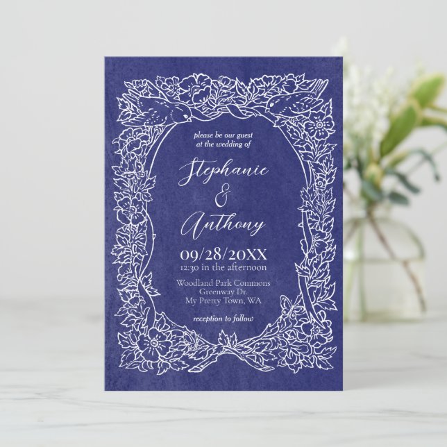 Invitación Boda de pájaro de flores silvestres azul de la mar (Anverso de pie)