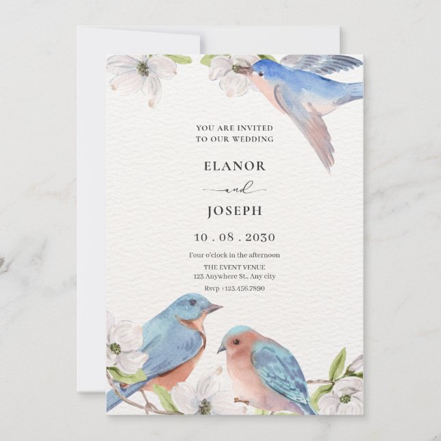 Invitación Boda de pájaro floral acuarela (Anverso)