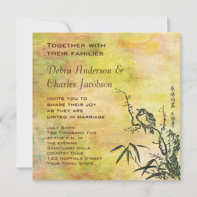 Invitación Boda de pájaro japonés vintage (Anverso)