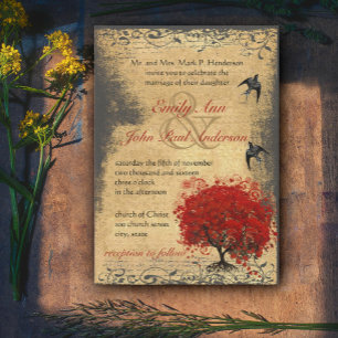 Invitación Boda de pájaro vintage de árbol rojo renacentista