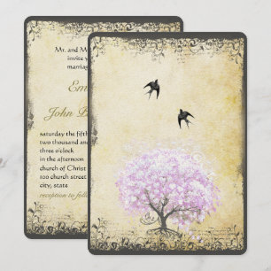 Invitación Boda de pájaro vintage del árbol de lavanda de hoj