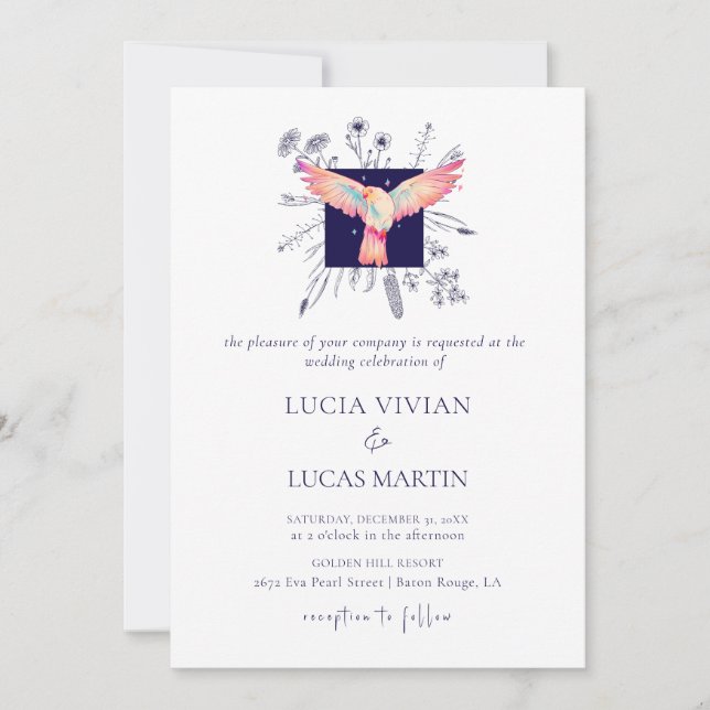 Invitación Boda de pájaro volador de monograma azul hexagonal (Anverso)