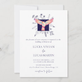 Invitación Boda de pájaro volador de monograma azul hexagonal