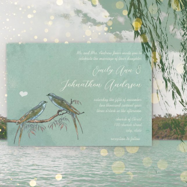 Invitación Boda de pájaro Willow Tree Grove Green Blue Love (Subido por el creador)