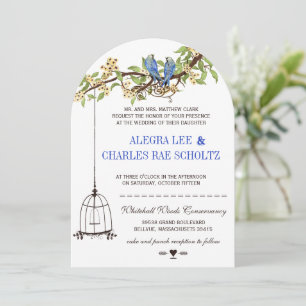 Invitación Boda de Pájaros Antiguos Flor de Cerezo Azul Real