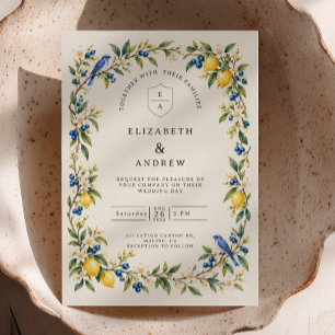 Invitación Boda de pájaros azules con limones acuarela