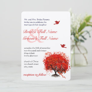 Invitación Boda de pájaros de amor bajo el árbol rojo del bos