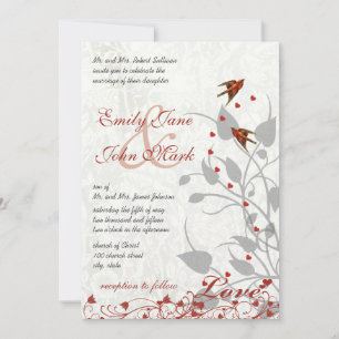 Invitación Boda de pájaros de amor con corazones rojos y gris