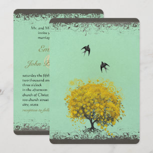 Invitación Boda de pájaros de amor de hoja de corazón rústico
