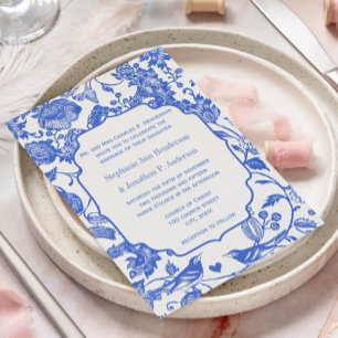 Invitación Boda de pájaros de amor florales azul real vintage
