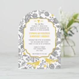 Invitación Boda de pájaros de amor florales grises y amarillo