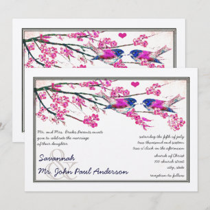 Invitación Boda de pájaros de amor rosa y azul marino Flor de