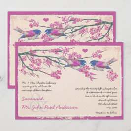 Invitación Boda de Pájaros de Amor Rosa y Azul Marino Flor de