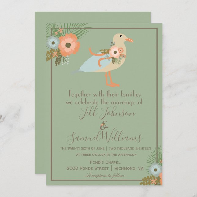 Invitación Boda de pájaros elegante y verde (Anverso / Reverso)