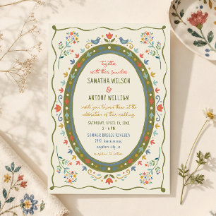 Invitación Boda de pájaros florales caprichosos coloridos
