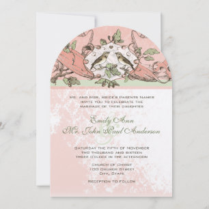 Invitación Boda de pájaros melocotón roble vintage pergamino