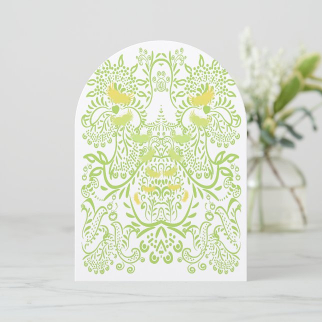 Invitación Boda de pájaros singulares amarillos y verdes de l (Anverso de pie)