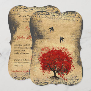 Invitación Boda de pájaros vintage del árbol de hoja de coraz