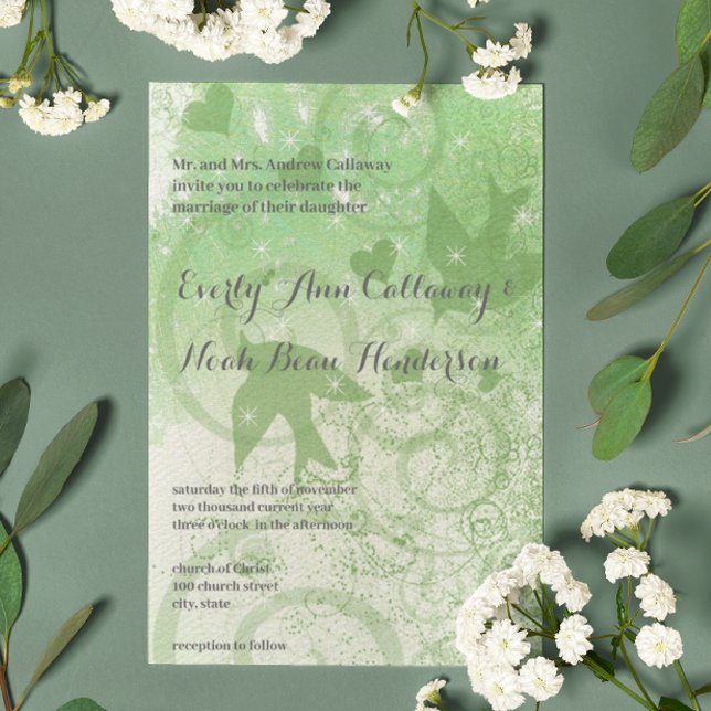 Invitación Boda de pájaros y Swirls Green Sage (Subido por el creador)