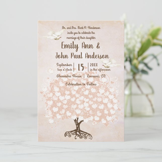 Invitación Boda de paleta de árbol rosa Rubor pálido de hoja  (Anverso de pie)