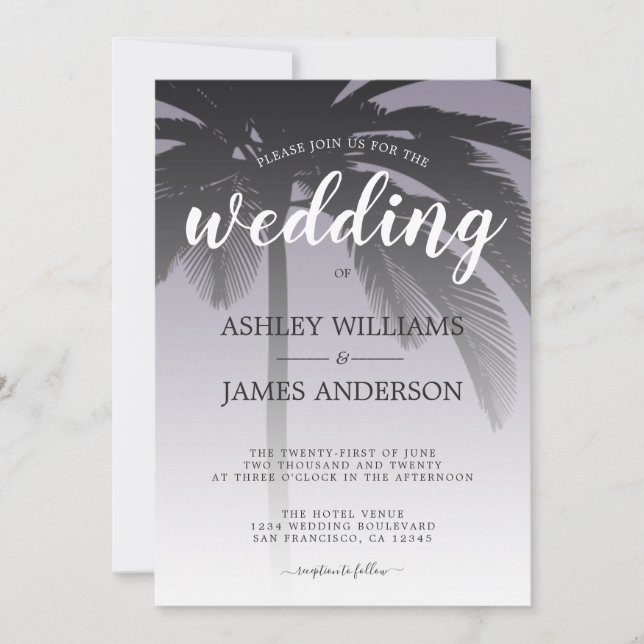 Invitación Boda de Palm Tree Ash Purple Beach (Anverso)