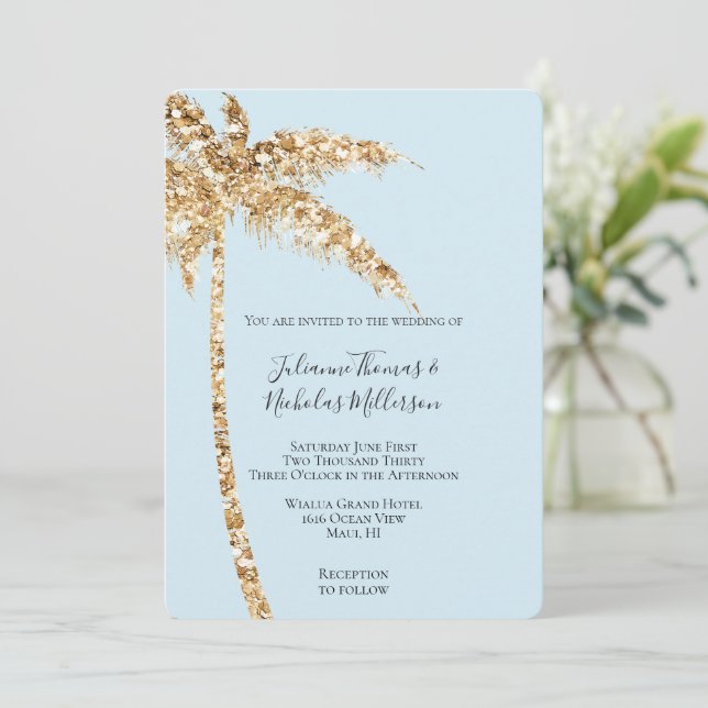 Invitación Boda de Palm Tree Purpurina Glitzy Gold Tropical (Anverso de pie)