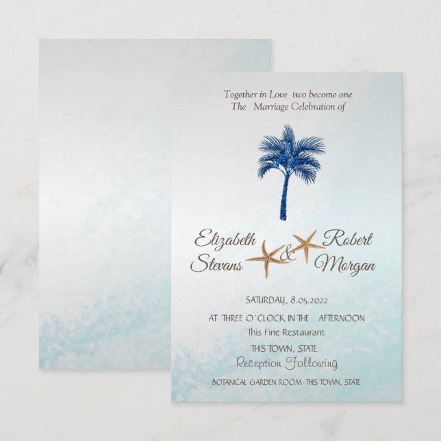 Invitación Boda de palma con brillo azul de playa tropical (Anverso / Reverso)