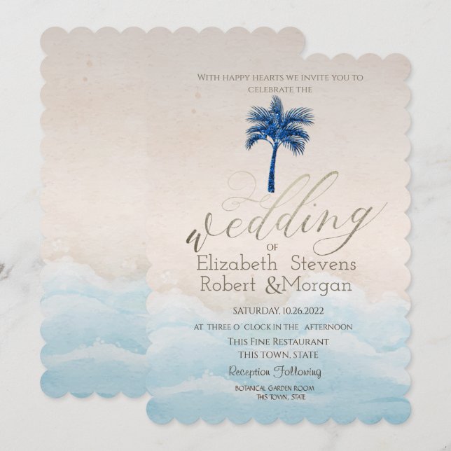 Invitación Boda de palma con brillo de playa tropical (Anverso / Reverso)