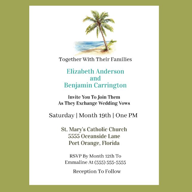 Invitación Boda de Palma de Playa (Tropical beach wedding invitation featuring a watercolor palm tree, ocean shoreline, elegant teal ty)