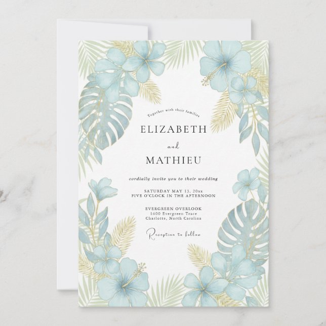 Invitación Boda de Palma Eucalipto Aqua Tropical (Anverso)