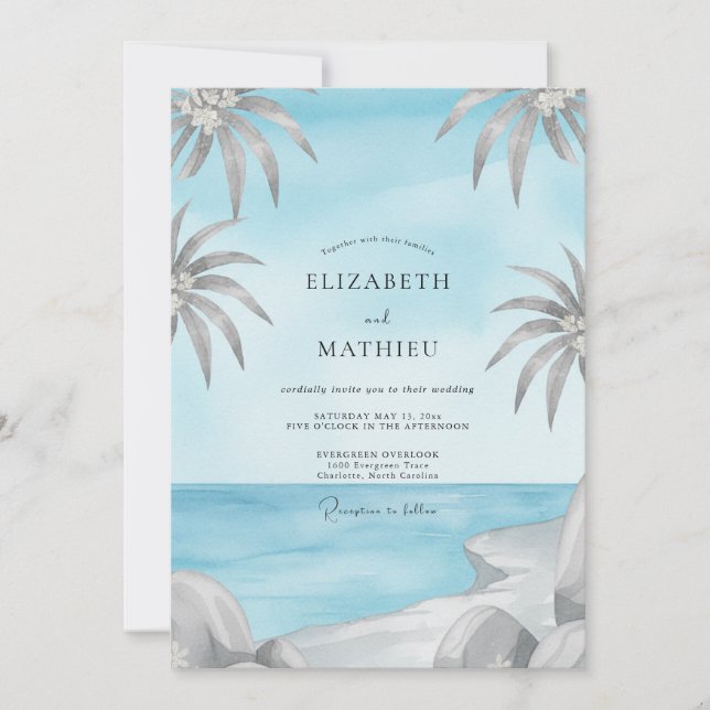 Invitación Boda de Palma Tropical Azure Eucalipto Gris (Anverso)