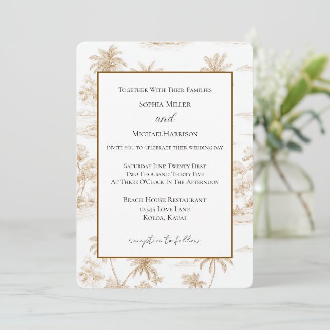 Invitación Boda De Palmas De Isla Tropical Marrón Crema (Anverso de pie)