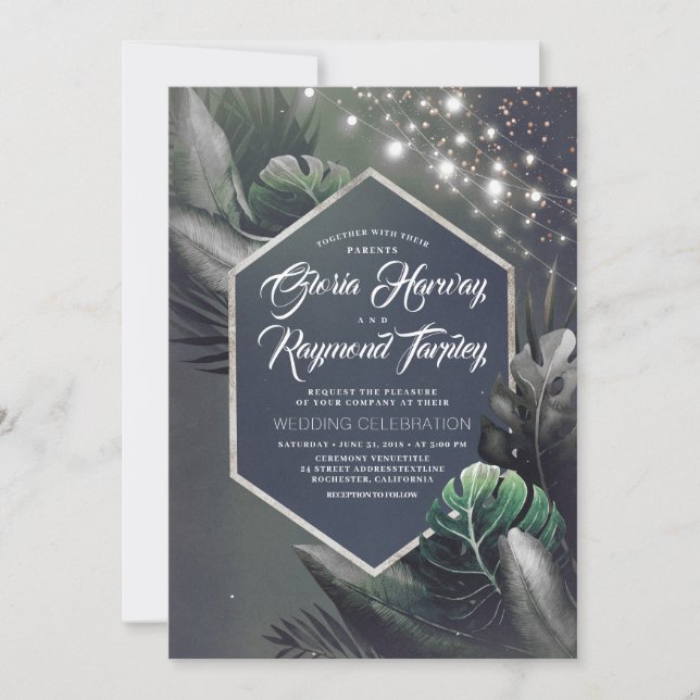 Invitación Boda de palmas de plata de noche tropical costera (Anverso)