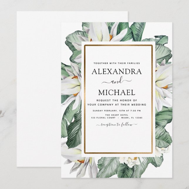 Invitación Boda de palmas florales de la vegetación de la mag (Anverso / Reverso)