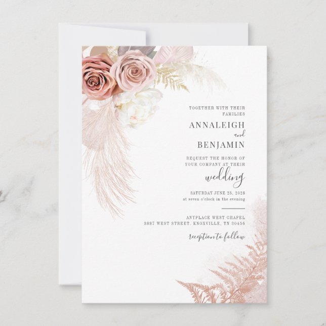 Invitación Boda de palmas secas con escritura de gramaje mode (Anverso)