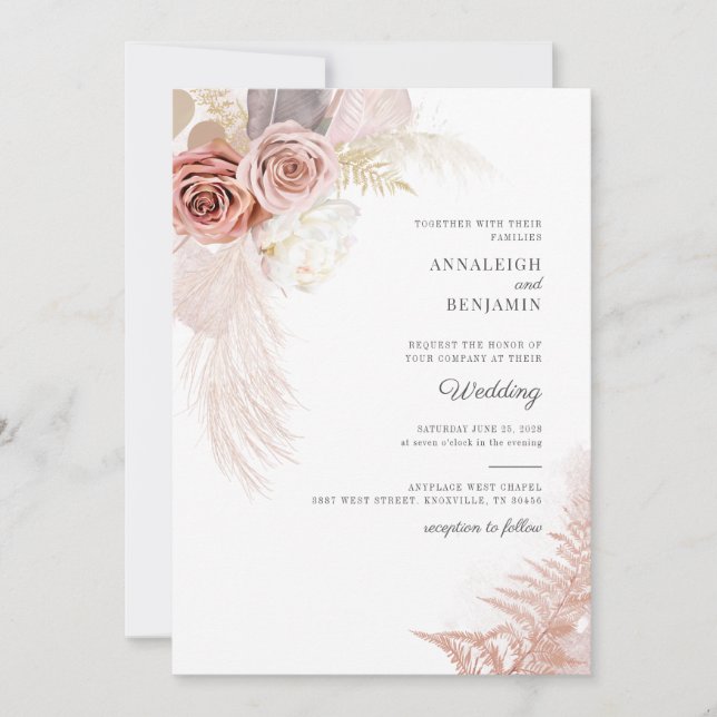 Invitación Boda de palmas secas de pampas de gramo (Anverso)
