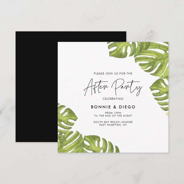 Invitación Boda de palmas verdes tropicales tras fiesta (Anverso / Reverso)