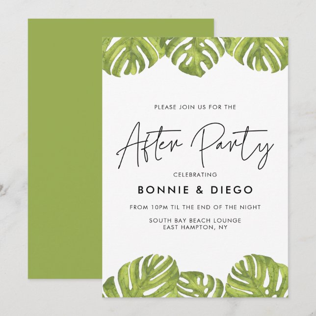 Invitación Boda de palmas verdes tropicales tras fiesta (Anverso / Reverso)