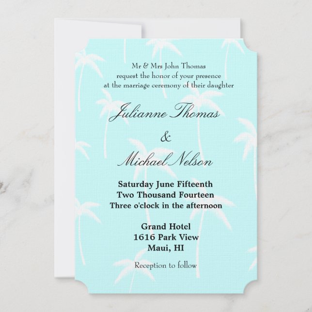 Invitación Boda de palmeras azules y blancas (Anverso)