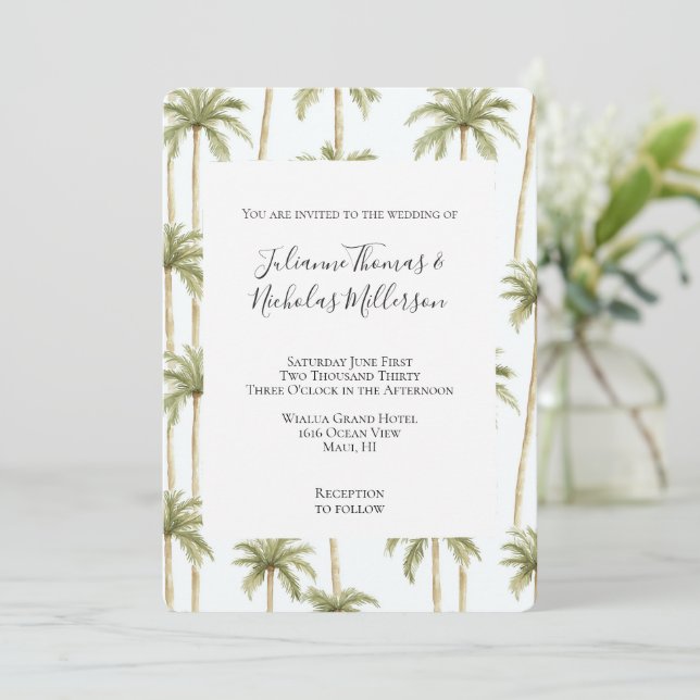 Invitación Boda de palmeras blancas verdes tropicales (Anverso de pie)