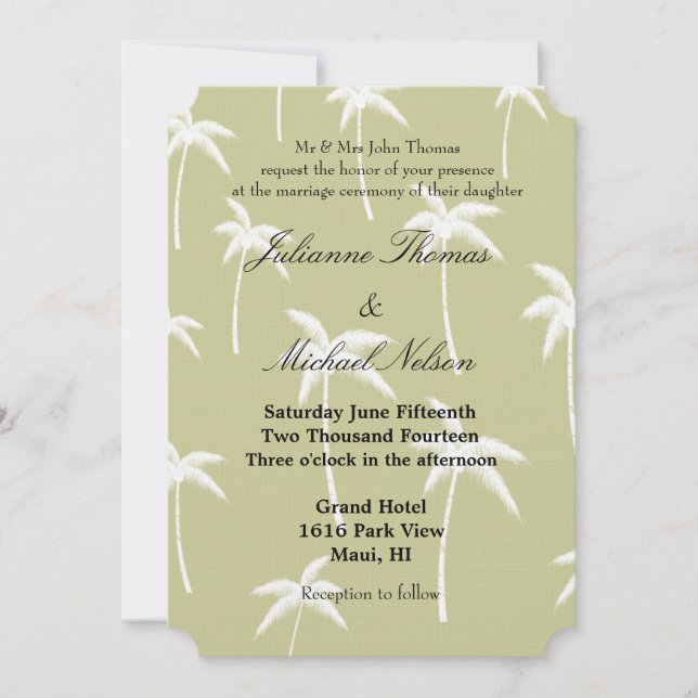 Invitación Boda de palmeras blancas y verdes (Anverso)