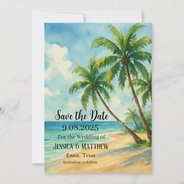 Invitación Boda de palmeras costeras de playa tropical (Anverso)